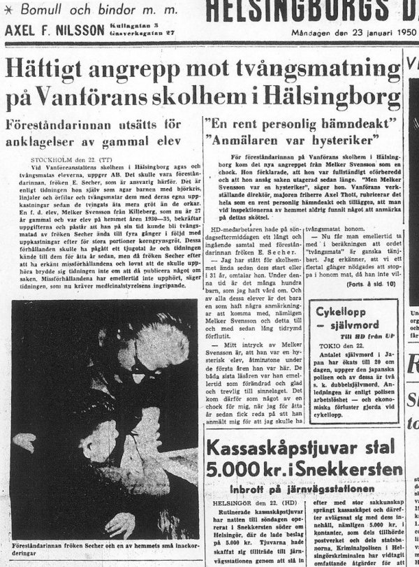 Skolhems-skandalen 1950 artikel i HD 23 januari